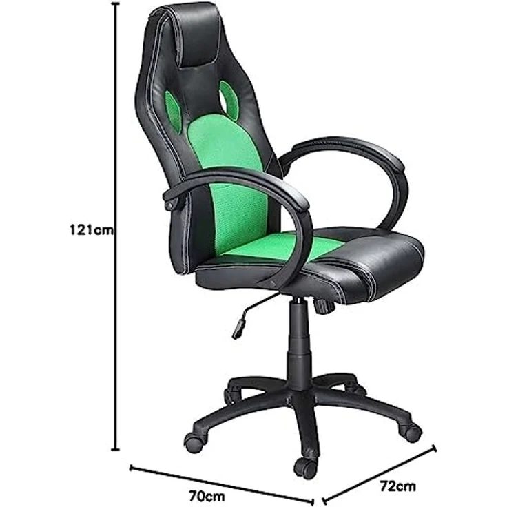 BAKAJI Sportsessel, Bürostuhl, 4 Räder, 360° drehbar, Modell Racer Gaming, extra luxuriös, aus Kunstleder, Schwarz und Stoff (Grün) – Bild 3