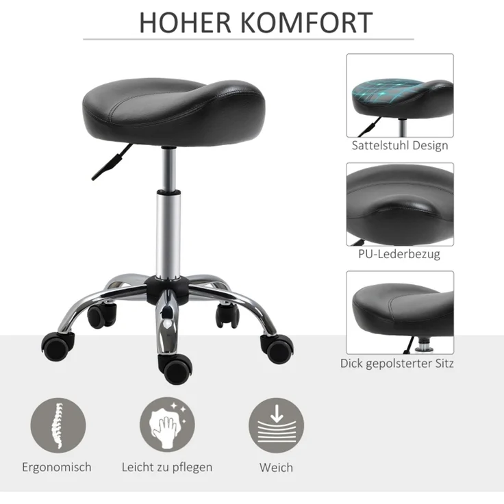 Rollhocker 48 x 48 x 54-69 cm – höhenverstellbarer Sattelsitz aus Kunstleder mit Rollen – Bild 5