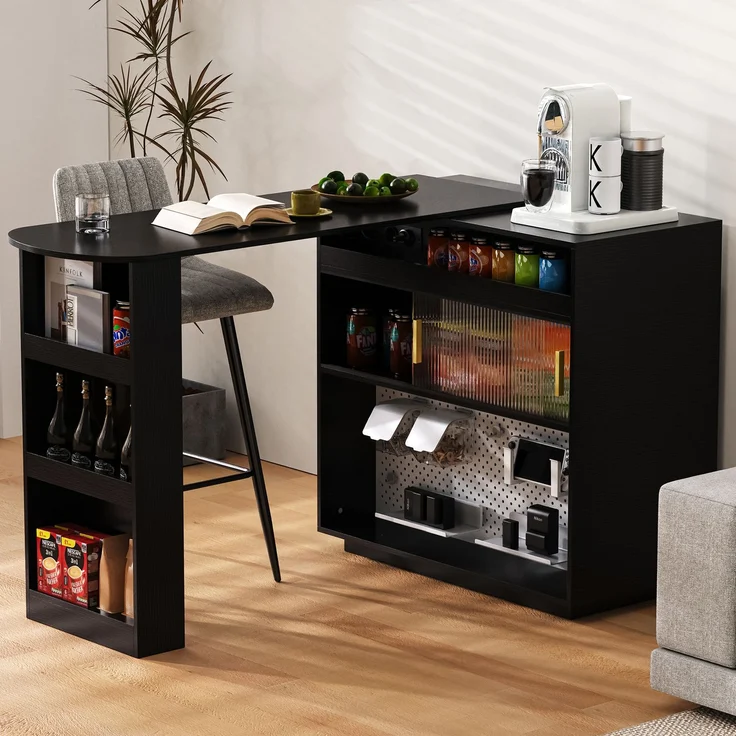 Merax Bartisch, Ausziehbar 360° Drehbare Sideboard mit Stauraum und LED-Beleuchtung, Reversibel Sideboard mit Lochbrett und Steckdosen(Schwarz) – Bild 5
