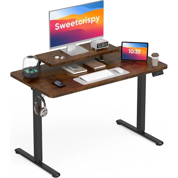 Sweetcrispy Höhenverstellbarer Schreibtisch mit Monitorständer, 120x60 cm Schreibtisch Höhenverstellbar Elektrisch, Ergonomischer Steh-Sitz Tisch, Computertisch Standing Desk, Vintagebraun – Bild 1