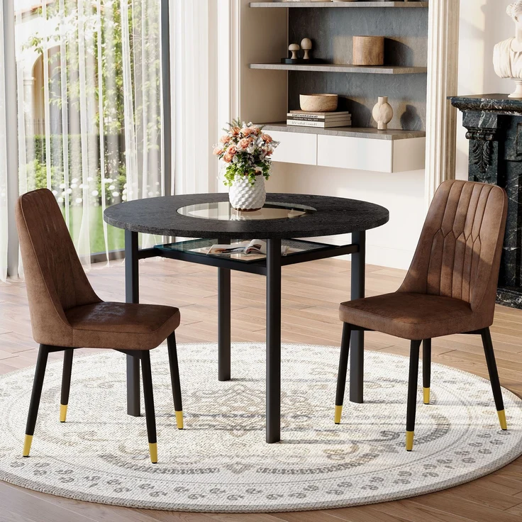 Esstisch-Set 76x100x100 cm Braun/Schwarz mit Glasintarsie, MDF-Tisch und 2 Stühlen – Bild 2