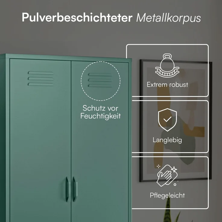 skølm 'Atria' Kleiderschrank, Metall, 170x45x80 cm, dunkelgrün, Garderobe mit 4 Fächern und 2 Kleiderstangen – Bild 4