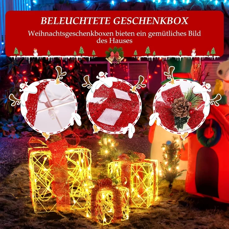 Salcar LED-Lichterkette 3er Set LED Geschenkbox Weihnachten Dekoration Lichter Weihnachtenbox, 48 LED Beleuchtete 8 Modes Weihnachts Beleuchtung Weihnachtsdeko – Bild 3