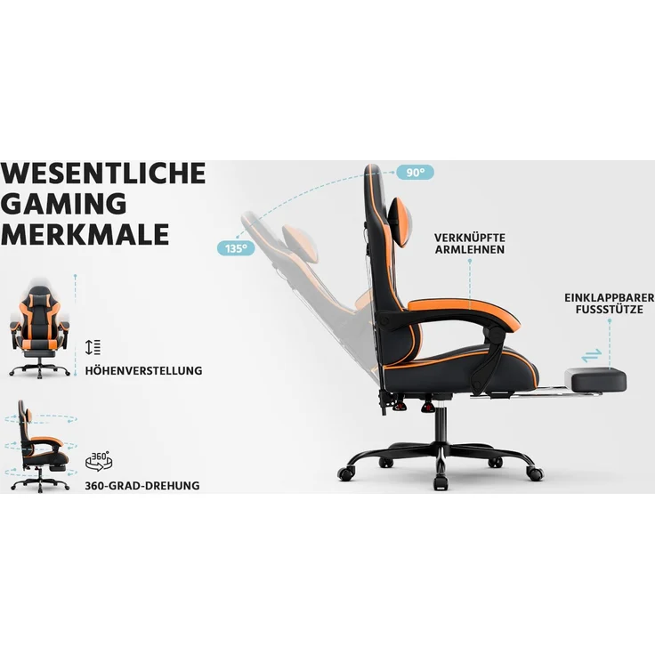 Gaming-Stuhl, PVC-Leder, ergonomisch, mit verstellbarer Rückenlehne & Fußstütze, 58,5x63x120,5 cm, Schwarz+Orange – Bild 5