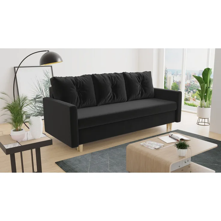 Schlafsofa Rico - Sofa mit Bettkasten, Couch mit Schlaffunktion, Bettfunktion, Bettsofa mit Bonell-Ferderkern, Velours (Schwarz (Kronos 07))