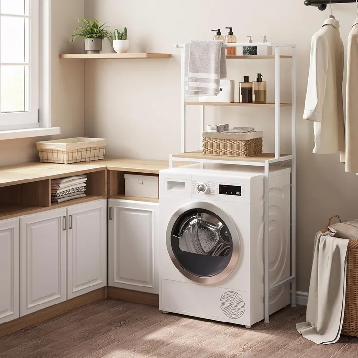 EUGAD Waschmaschinenregal, WC Regal über Waschmaschine Toilette, Waschmaschinenschrank Überbauschrank, Toilettenschrank, 3 Ablagen, Handtuchhalter, Metall Holzwerkstoff, 67 x 162 x 40 cm, Weiß