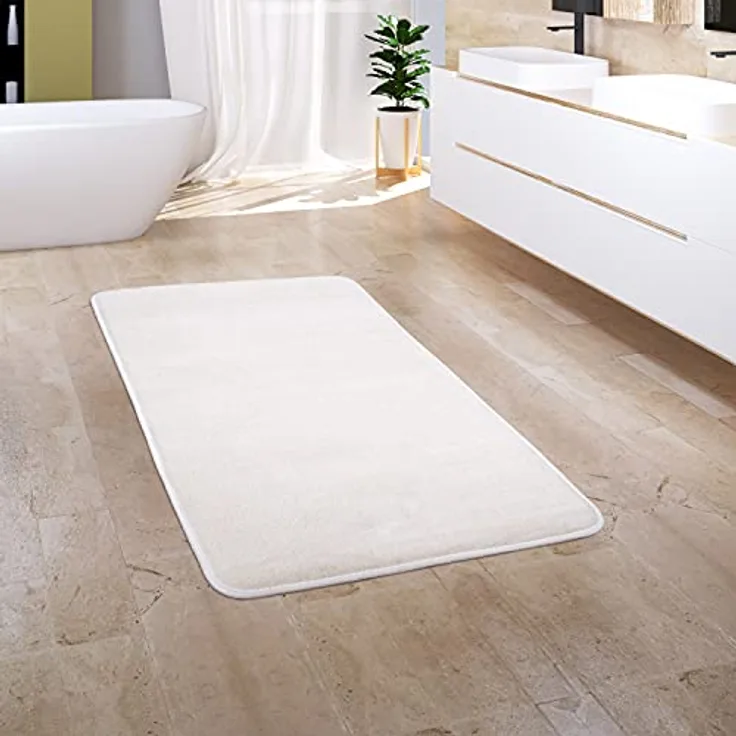 Paco Home Badezimmerteppich Duschvorleger mit Memory Foam 3D Effekt, waschbar, Größe 50x80 cm, Farbe Creme 3