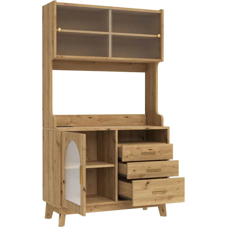 Buffetschränke, Esszimmer-Hochschrank 100.5*40*178 cm, mehrstufigem Stauraum, integrierter Steckdose sowie USB-C- und USB-A-Anschlüssen, Holzfarbe – Bild 10