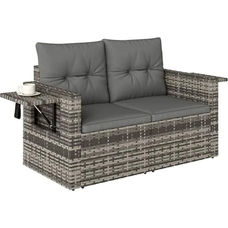 Outsunny Gartensofa mit Kissen, Klappbar Seitentabletts, Loungesofa 1 Teile, für Garten Terrasse Balkon, Poly Rattan Hellgrau