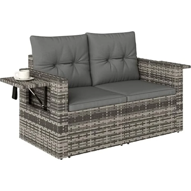 Outsunny Gartensofa mit Kissen, Klappbar Seitentabletts, Loungesofa 1 Teile, für Garten Terrasse Balkon, Poly Rattan Hellgrau – Bild 1