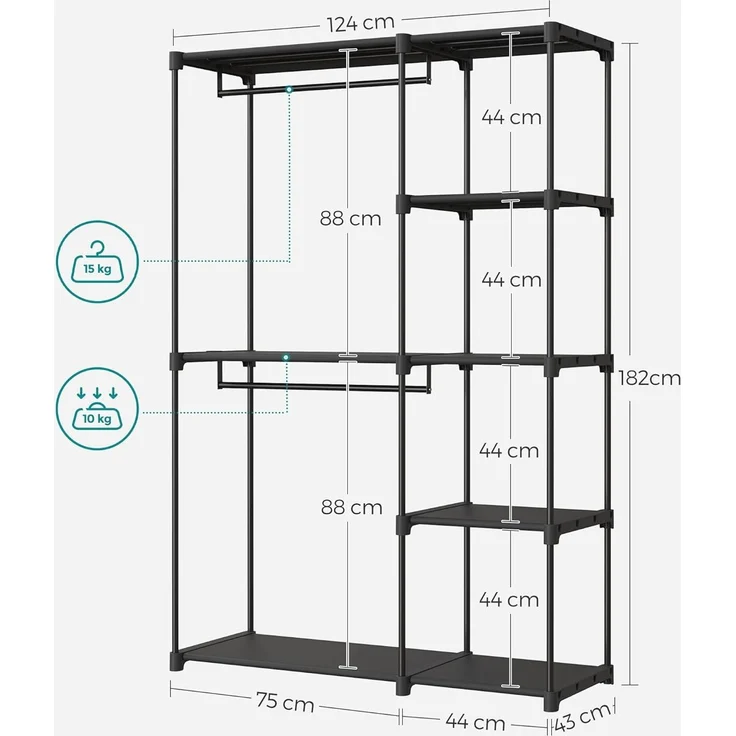 SONGMICS Kleiderschrank offen, freistehende Garderobe, Standregal, Kleiderständer mit Kleiderstangen, Garderobenständer, Ankleidezimmer, Schlafzimmer, 43 x 124 x 182 cm, schwarz RYGDE026B02 – Bild 4