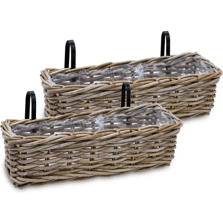 Spetebo Balkonkasten Rattan Balkonkasten natur (Set, 2 St, Holz Blumenkasten), Weide Pflanzkorb mit Halterung