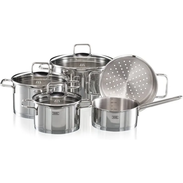 KHG Topf-Set mit Glasdeckeln, für alle Herdarten inklusive Induktion, Edelstahl (Topf-Set, 8-tlg), Sieb & Dichtring im Deckel, Ausgusslippe im Topfrand, Innenskala
