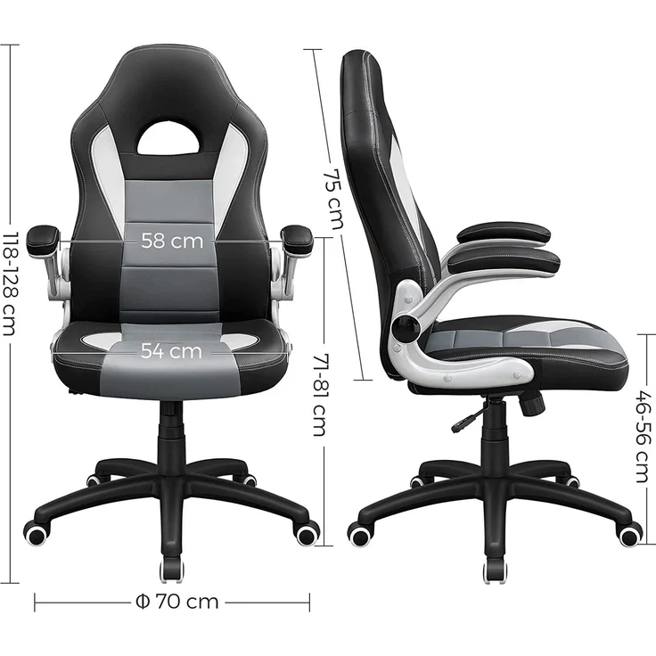 Songmics Gamingstuhl, Racing Chair, Schreibtischstuhl mit hoher Rückenlehne, Bürostuhl, höhenverstellbar, hochklappbare Armlehnen, Wippfunktion, für Gamer, schwarz-grau-weiß OBG28G – Bild 3