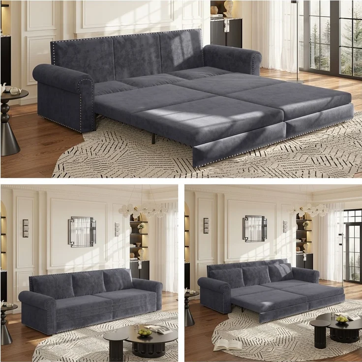Schlafsofa 238x90x98 cm, 3-in-1 ausziehbar mit Samtbezug und verstellbaren Rückenkissen, Ohne Matratze – Bild 4