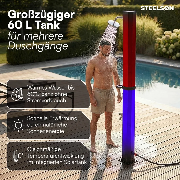 STEELSØN 'Xypher' Solardusche 60L, hexagon, schwarz, warmes Wasser bis 60°C, schwankender Regenduschkopf und Wasserhahn, Gartendusche inkl. Schutzhaube – Bild 2
