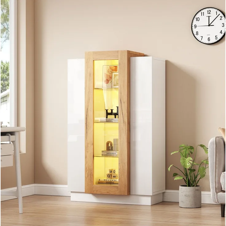 DESVIAE Vitrine mit LED-Beleuchtung und 3 Türen 74x120x40 cm Spanplatte Weiß/Natur
