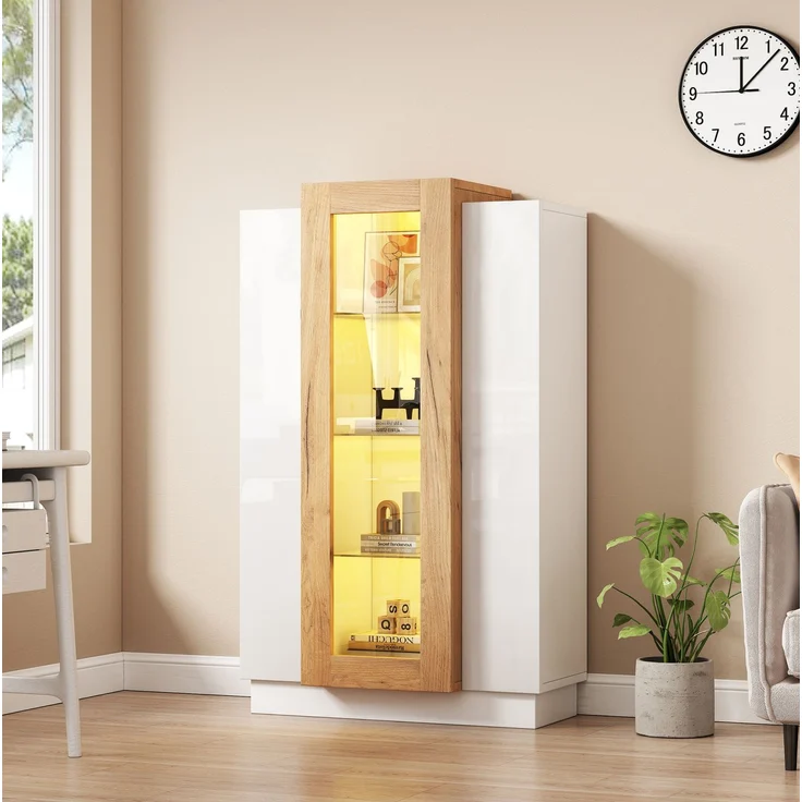 DESVIAE Vitrine mit LED-Beleuchtung und 3 Türen 74x120x40 cm Spanplatte Weiß/Natur – Bild 1