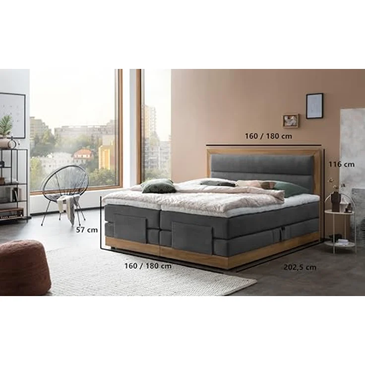 Belanoti Boxspringbett MODELA (Boxspringbett 180x200 elektrisch verstellbar Bett 180x200 mit Motor, 7-Zonen Taschenfederkern Matratze inklusive Visco Topper), in der Farbe Anthrazit H2/H3 Polsterbett Motorbett mit Eiche – Bild 3