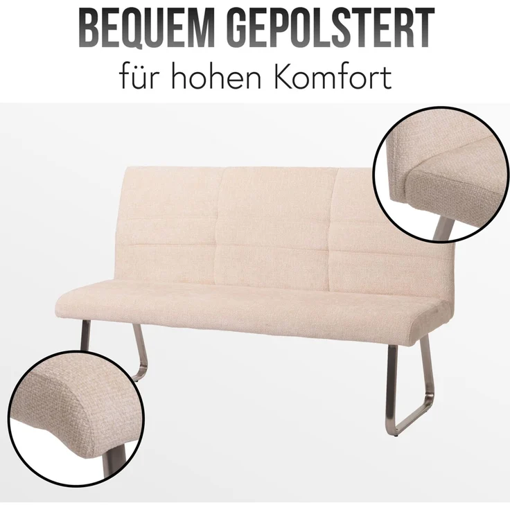 Sitzbank HWC-G55, Esszimmerbank Bank, Edelstahl gebürstet Stoff/Textil Chenille Öko-Tex, 180cm ~ creme – Bild 3