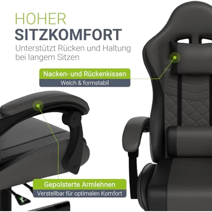 Juskys Gamingstuhl HyperSeat, verstellbare Rückenlehne, höhenverstellbarer Drehstuhl, Kunstleder, ergonomisch, für Büro & Gaming Setup – Grau/schwarz – Bild 7