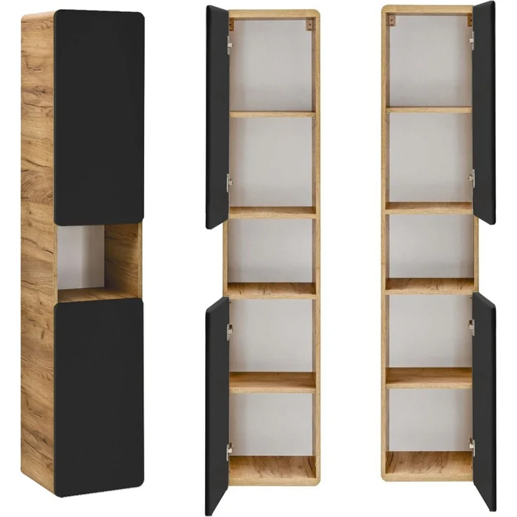 Badmöbel Komplettset in anthrazit seidenmatt mit Eiche Nb. NEW-LUTON mit 81 cm Keramik-Waschtisch & LED-Spiegel, B/H/T ca. 180/200/46 cm – Bild 5