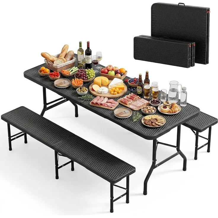 JUMMICO Bierzeltgarnitur Klappbar 3er Set Tisch & 2X Bank,Rattanoptik Biertischgarnitur 180 x 74 x 74 cm Festzeltgarnitur Biergarten Biergarnitur für Garten, Party und Camping – Bild 1