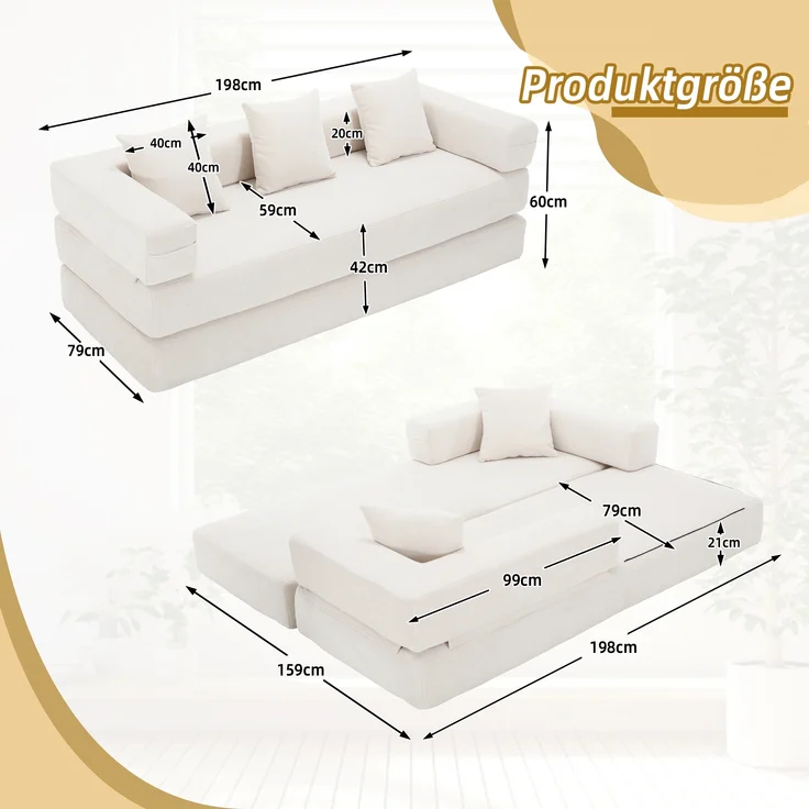 LVHOM Schlafsofa 3 sitzer, Klappsofa mit Schlaffunktion, Bodensofa, Schlafcouch aus Chenille-Stoff, frei Kombination, 198x79x60 cm – Bild 7