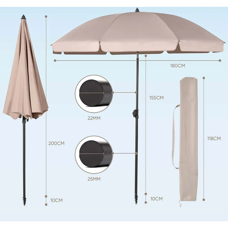 Sekey® 180 cm Sonnenschirm Balkon mit Bodenhülse & Schutzhülle, Neigungs- und Höhenverstellung, Sonnenschirm Strand für Balkon, Garten & Terrasse, Runder Sonnenschutz UPF 50+ – Bild 6