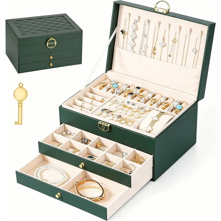 BlingBin Schmuckkasten Schmuckkästchen 3 Ebenen, Schmuckaufbewahrung mit 2 Schubladen (1er Set, 1 St, Schmuckschatulle, abschließbar, Tiefgrün), Schmuck Organizer mit Kettenhaken Ringrollen Ohrringfach Uhrenfach