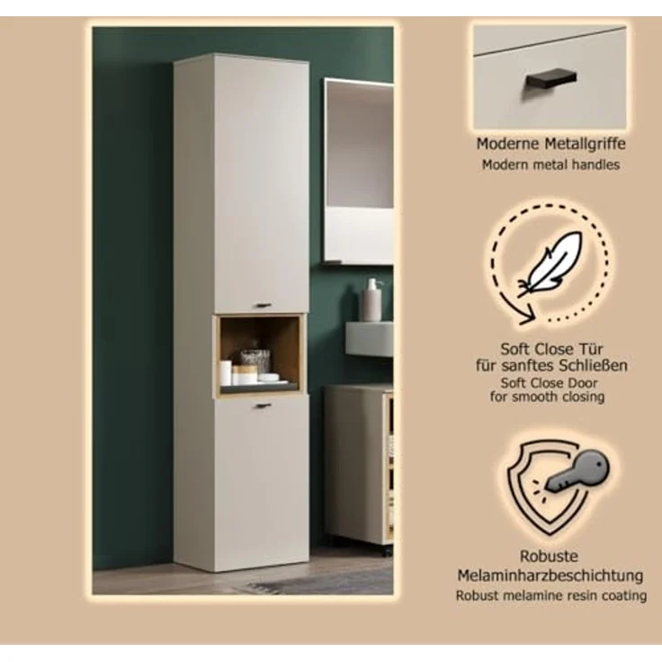 Badezimmer Hochschrank Sao Paulo in Sand und Eiche 40 x 186 cm – Bild 6