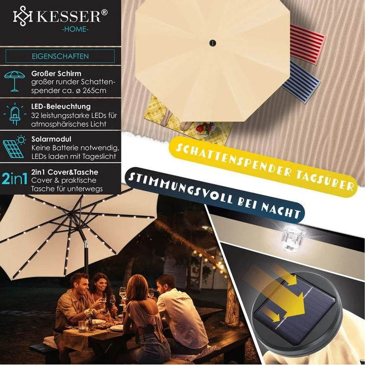 KESSER® Sonnenschirm Balkonschirm LED Solar mit Kurbel Inkl. 2in1 Schutzhülle Transporttasche, Gartenschirm, Schirm für Balkon Garten & Terrasse verstellbar knickbar Beige, Rund – Bild 2