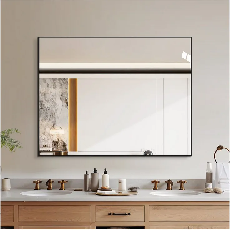 Odikalo Badspiegel 70x90cm, schwarzer Aluminiumrahmen, kupferfreies HD-Glas, horizontal und vertikal montierbar
