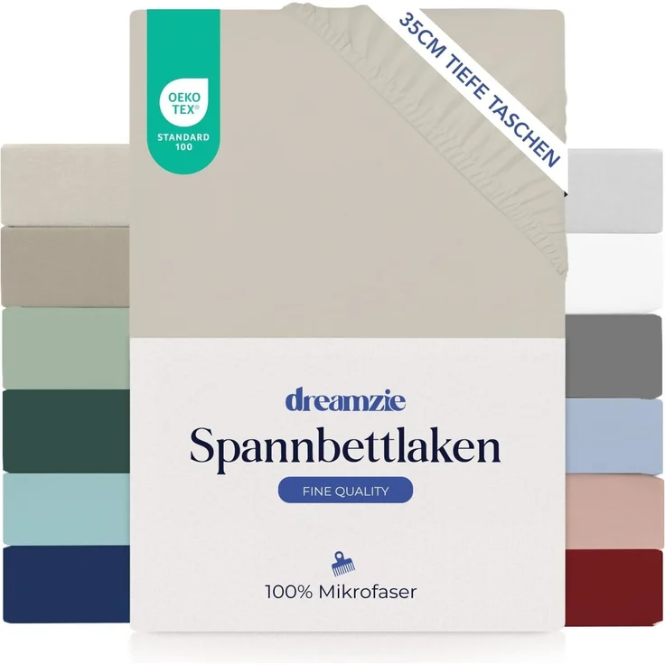 Dreamzie Spannbettlaken 90x190 cm - 35 cm Tiefe Tasche - 100% Mikrofaser Bettlaken - Beige, Schadstoffgeprüft (Oeko TEX), Bettlaken mit Gummizug – Bild 1
