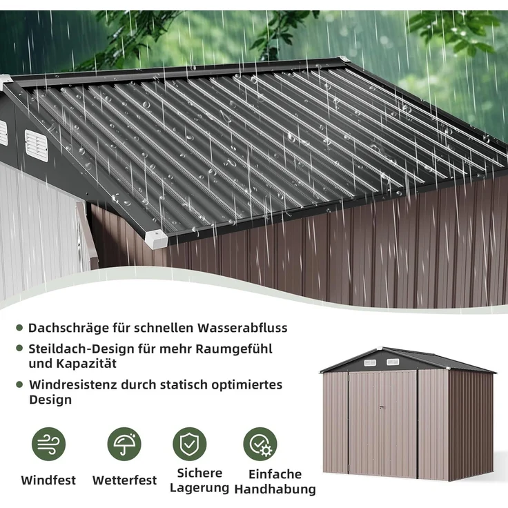 Aoxun Großes Gerätehaus aus Metall 235x171x196cm, wetterfestes Gartenhaus mit Doppeltür & Satteldach, abschließbarer Geräteschuppen für Garten, Hinterhof, Terrasse, Braun – Bild 4