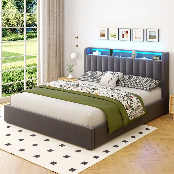 Polsterbett 180 x 200 cm aus Samt mit integriertem Stauraum, USB-Anschluss und LED-Beleuchtung, Dunkelgrau – Bild 4