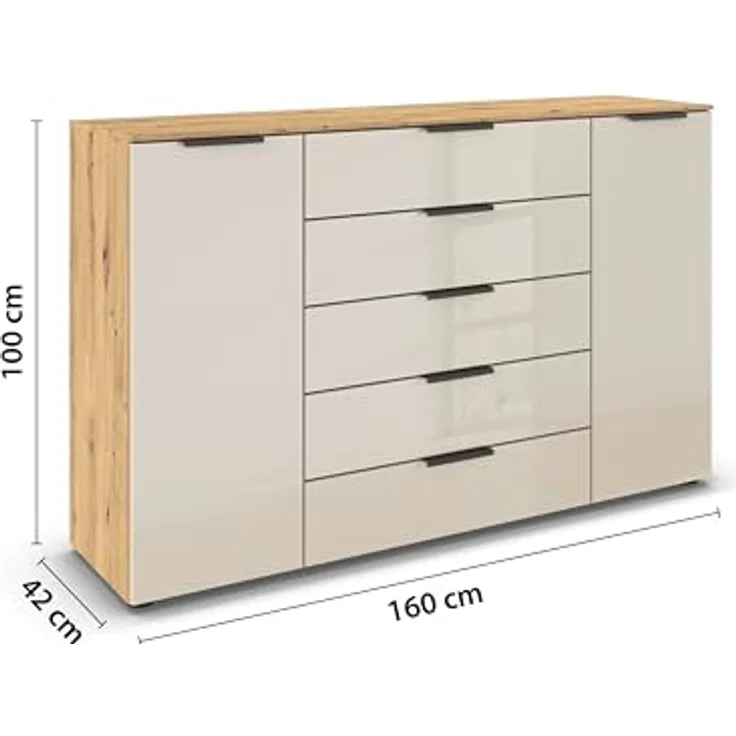 Rauch Möbel Flipp, Kommode für Schlafzimmer, Kinderzimmer, Wohnzimmer, Jugendzimmer, Flur, Garderobe, 2-türig, 5 Schubladen, mit Softclose-Funktion, Farbe Eiche Artisan, Holz/Glas Beige, Breite 160 cm – Bild 4