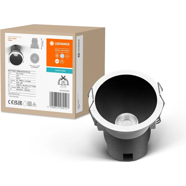 Ledvance SPOT TWIST Einbau-Downlight, schwarz, 5W, 350lm, 840 WT, 70mm Durchmesser, kaltweiße Lichtfarbe, bis zu 90% Energieersparnis im Vergleich zu Halogen-Downlights, einfache Montage, 4000K