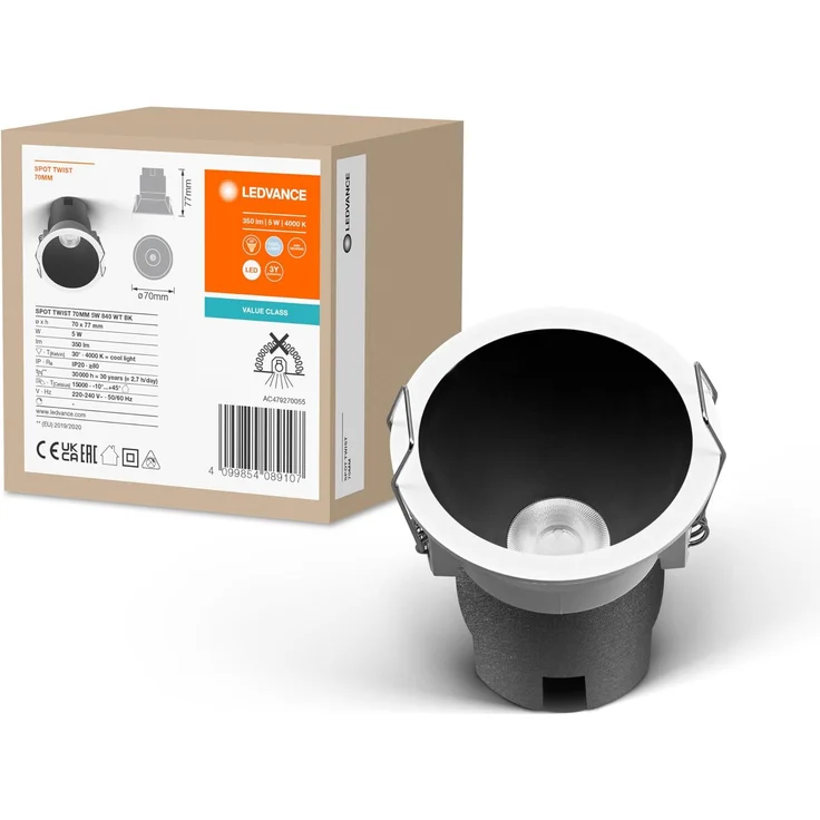 Ledvance SPOT TWIST Einbau-Downlight, schwarz, 5W, 350lm, 840 WT, 70mm Durchmesser, kaltweiße Lichtfarbe, bis zu 90% Energieersparnis im Vergleich zu Halogen-Downlights, einfache Montage, 4000K