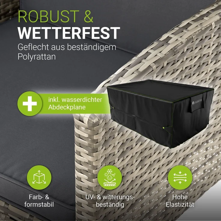 Juskys Polyrattan Gartenmöbel Sitzgruppe Turin Set 6 teilig inkl. Abdeckung - 7 Personen - Outdoor Möbel mit Sessel, Hocker, Tisch & Kissen - Garten Loungemöbel Grau-meliert – Bild 2
