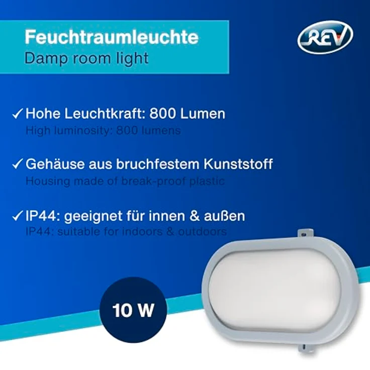 REV Kellerlampe - Feuchtraumleuchte LED oval (10W, 800lm, IP44), einsetzbar als Decken- oder Wandlampe, Feuchtraumlampe, grau – Bild 3