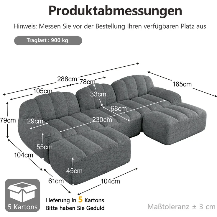 EINHOM 3-Sitzer U-förmiges Modulares Sofa mit 2 Ottomans, Boneless Sofa aus 32D Hochdichtschaum, tiefe Sitzfläche, ideal für Wohnzimmer, weicher Stoff, Grau – Bild 2