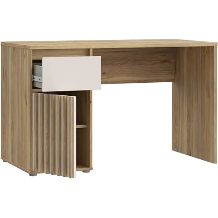 Forte ELISTON Schreibtisch 120, moderner Schreibtisch mit Lamellendesign, Schrank und Schublade, Schlafzimmer, Büro, Mauvella Eiche Holzdekor|Kashmir Beige, 120 cm breit x 74,4 cm hoch x 60 cm tief – Bild 7