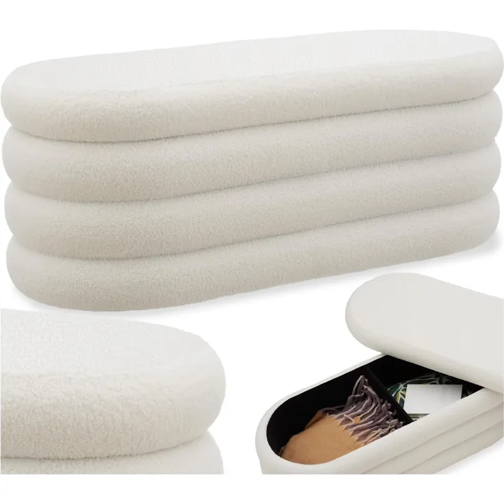 tectake® Sitzbank mit Stauraum, Scandi Sitzhocker, Hocker mit Stauraum, Teddy Stoff, Pouf, Polsterhocker, Sitztruhe, Truhe mit Deckel, Truhenbank mit Stauraum, Möbel für Wohnzimmer - Bouclé créme-weiß