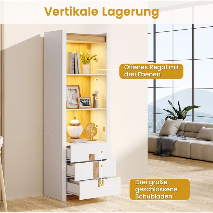 Vitrinenschrank 63 x 41,5 x 200 cm mit Bluetooth-LED und 3 Schubladen, mattweiß – Bild 9