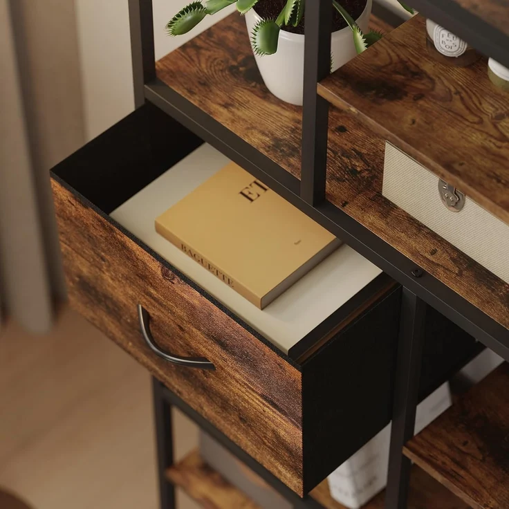 HOMCOM Standregal Bücherregal mit 2 Stoffschubladen, 9 offenen Fächern, Aufbewahrungsregal 1-tlg, für Büro, Wohnzimmer, Schlafzimmer, 72,5x30x150 cm, Rustikal-Braun – Bild 9