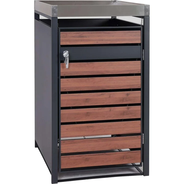 1er Mülltonnenverkleidung mit Pflanzkasten HWC-J81, erweiterbar, 125x68x80cm Metall 31kg, anthrazit ~ Kirsche-Holzoptik – Bild 7