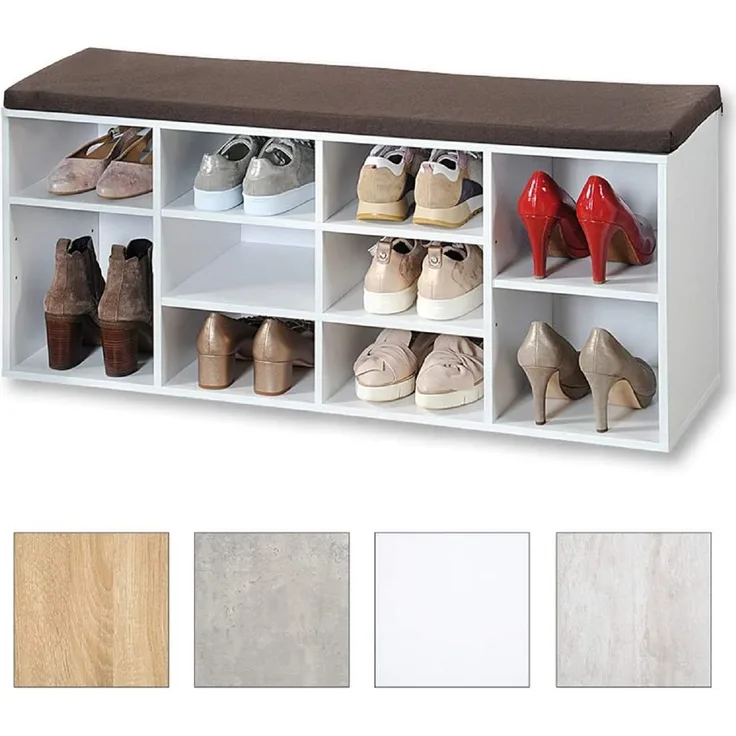 Offener Schuhschrank, weiß - mit Sitzkissen, braun