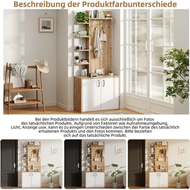 Merax Garderoben-Set Garderobenständer in Holz-Weiß, (für kleine Eingänge & Foyers, 1-St, 75 x 33 x 180 cm), Flurschrank mit 6 offenen Ablagen & geschlossenem Doppeltür-Schrank – Bild 4