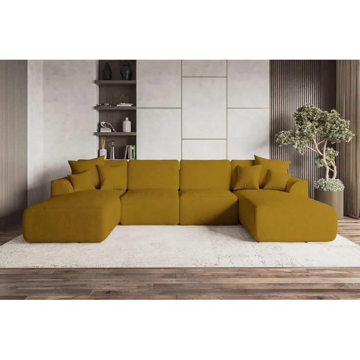 99rooms Gusto Wohnlandschaft Cordstoff POSO Gold mit Schlaffunktion